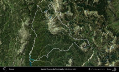 Merkez Tzoumerka Belediyesi. Yunanistan 'ın idari alanı, Ekim 2022' de çekilen Global Mozaik Sentinel-2 karolarından oluşan bir uydu görüntüsünde özetlendi