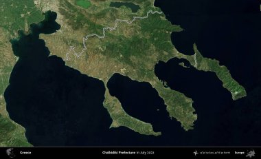 Chalkidiki Bölgesi. Yunanistan 'ın idari alanı, Temmuz 2022' de çekilen Global Mozaik Sentinel-2 karolarından oluşan bir uydu görüntüsüyle özetlendi