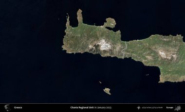 Chania Bölgesel Birimi. Yunanistan 'ın idari alanı, Ocak 2023' te çekilen Global Mozaik Sentinel-2 karolarından oluşan bir uydu görüntüsünde özetlendi