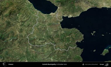 Corinth Belediyesi. Yunanistan 'ın idari alanı, Ekim 2022' de çekilen Global Mozaik Sentinel-2 karolarından oluşan bir uydu görüntüsünde özetlendi