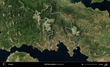 Delfi Belediyesi. Yunanistan 'ın idari alanı, Temmuz 2022' de çekilen Global Mozaik Sentinel-2 karolarından oluşan bir uydu görüntüsüyle özetlendi