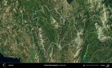 Dodoni Belediyesi. Yunanistan 'ın idari alanı, Temmuz 2022' de çekilen Global Mozaik Sentinel-2 karolarından oluşan bir uydu görüntüsüyle özetlendi