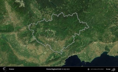 Drama Bölgesel Birimi. Yunanistan 'ın idari alanı, Temmuz 2022' de çekilen Global Mozaik Sentinel-2 karolarından oluşan bir uydu görüntüsüyle özetlendi