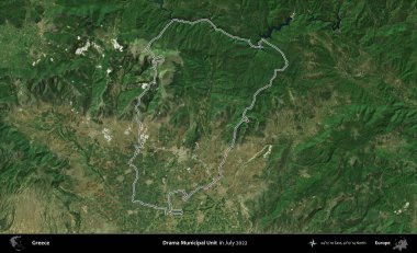 Drama Belediye Birimi. Yunanistan 'ın idari alanı, Temmuz 2022' de çekilen Global Mozaik Sentinel-2 karolarından oluşan bir uydu görüntüsüyle özetlendi