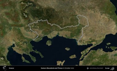 Doğu Makedonya ve Trakya. Yunanistan 'ın idari alanı, Ekim 2022' de çekilen Global Mozaik Sentinel-2 karolarından oluşan bir uydu görüntüsünde özetlendi