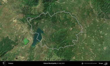 Edessa Belediyesi. Yunanistan 'ın idari alanı, Temmuz 2022' de çekilen Global Mozaik Sentinel-2 karolarından oluşan bir uydu görüntüsüyle özetlendi