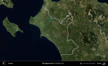 Elis Bölgesel Birimi. Yunanistan 'ın idari alanı, Ekim 2022' de çekilen Global Mozaik Sentinel-2 karolarından oluşan bir uydu görüntüsünde özetlendi