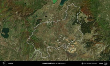 Eordaia Belediyesi. Yunanistan 'ın idari alanı, Ekim 2022' de çekilen Global Mozaik Sentinel-2 karolarından oluşan bir uydu görüntüsünde özetlendi