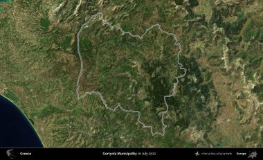 Gortynia Belediyesi. Yunanistan 'ın idari alanı, Temmuz 2022' de çekilen Global Mozaik Sentinel-2 karolarından oluşan bir uydu görüntüsüyle özetlendi