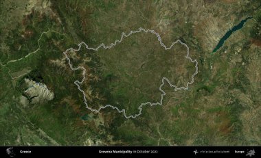Grevena Belediyesi. Yunanistan 'ın idari alanı, Ekim 2022' de çekilen Global Mozaik Sentinel-2 karolarından oluşan bir uydu görüntüsünde özetlendi