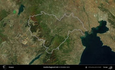 Imathia Bölgesel Birimi. Yunanistan 'ın idari alanı, Ekim 2022' de çekilen Global Mozaik Sentinel-2 karolarından oluşan bir uydu görüntüsünde özetlendi
