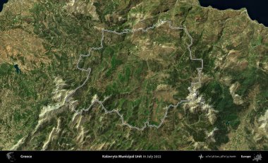 Kalavryta Belediye Birimi. Yunanistan 'ın idari alanı, Temmuz 2022' de çekilen Global Mozaik Sentinel-2 karolarından oluşan bir uydu görüntüsüyle özetlendi