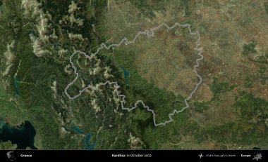 Karditsa. Yunanistan 'ın idari alanı, Ekim 2022' de çekilen Global Mozaik Sentinel-2 karolarından oluşan bir uydu görüntüsünde özetlendi