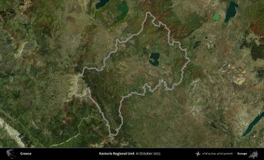 Kastoria Bölgesel Birimi. Yunanistan 'ın idari alanı, Ekim 2022' de çekilen Global Mozaik Sentinel-2 karolarından oluşan bir uydu görüntüsünde özetlendi