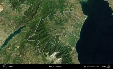 Katerini. Yunanistan 'ın idari alanı, Temmuz 2022' de çekilen Global Mozaik Sentinel-2 karolarından oluşan bir uydu görüntüsüyle özetlendi