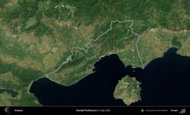 Kavala Bölgesi. Yunanistan 'ın idari alanı, Temmuz 2022' de çekilen Global Mozaik Sentinel-2 karolarından oluşan bir uydu görüntüsüyle özetlendi