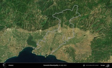 Komotini Belediyesi. Yunanistan 'ın idari alanı, Temmuz 2022' de çekilen Global Mozaik Sentinel-2 karolarından oluşan bir uydu görüntüsüyle özetlendi