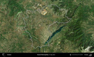 Kozani Belediyesi. Yunanistan 'ın idari alanı, Temmuz 2022' de çekilen Global Mozaik Sentinel-2 karolarından oluşan bir uydu görüntüsüyle özetlendi