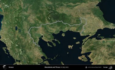 Makedonya ve Trakya. Yunanistan 'ın idari alanı, Temmuz 2022' de çekilen Global Mozaik Sentinel-2 karolarından oluşan bir uydu görüntüsüyle özetlendi