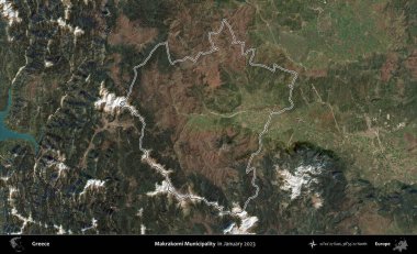 Makrakomi Belediyesi. Yunanistan 'ın idari alanı, Ocak 2023' te çekilen Global Mozaik Sentinel-2 karolarından oluşan bir uydu görüntüsünde özetlendi