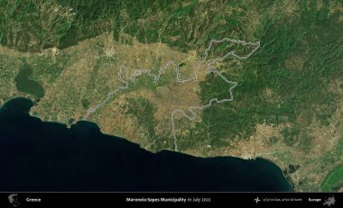 Maroneia-Sapes Belediyesi. Yunanistan 'ın idari alanı, Temmuz 2022' de çekilen Global Mozaik Sentinel-2 karolarından oluşan bir uydu görüntüsüyle özetlendi