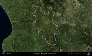Megalopoli Belediyesi. Yunanistan 'ın idari alanı, Ekim 2022' de çekilen Global Mozaik Sentinel-2 karolarından oluşan bir uydu görüntüsünde özetlendi