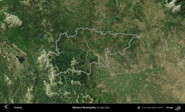 Meteora Belediyesi. Yunanistan 'ın idari alanı, Temmuz 2022' de çekilen Global Mozaik Sentinel-2 karolarından oluşan bir uydu görüntüsüyle özetlendi