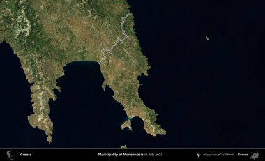 Monemvasia Belediyesi. Yunanistan 'ın idari alanı, Temmuz 2022' de çekilen Global Mozaik Sentinel-2 karolarından oluşan bir uydu görüntüsüyle özetlendi