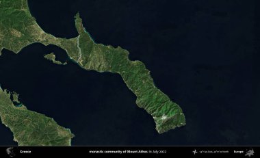 Athos Dağı 'nın manastır topluluğu. Yunanistan 'ın idari alanı, Temmuz 2022' de çekilen Global Mozaik Sentinel-2 karolarından oluşan bir uydu görüntüsüyle özetlendi