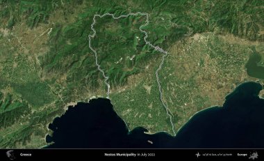 Nestos Belediyesi. Yunanistan 'ın idari alanı, Temmuz 2022' de çekilen Global Mozaik Sentinel-2 karolarından oluşan bir uydu görüntüsüyle özetlendi