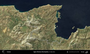Agios Nikolaos Belediyesi. Yunanistan 'ın idari alanı, Temmuz 2022' de çekilen Global Mozaik Sentinel-2 karolarından oluşan bir uydu görüntüsüyle özetlendi