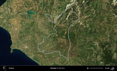 Olympia. Yunanistan 'ın idari alanı, Temmuz 2022' de çekilen Global Mozaik Sentinel-2 karolarından oluşan bir uydu görüntüsüyle özetlendi