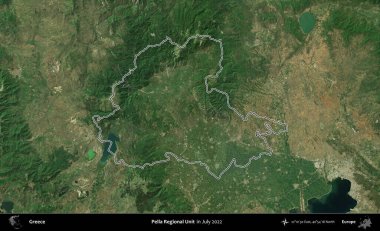 Pella Bölgesel Birimi. Yunanistan 'ın idari alanı, Temmuz 2022' de çekilen Global Mozaik Sentinel-2 karolarından oluşan bir uydu görüntüsüyle özetlendi