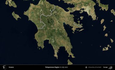 Mora Bölgesi 'nde. Yunanistan 'ın idari alanı, Temmuz 2022' de çekilen Global Mozaik Sentinel-2 karolarından oluşan bir uydu görüntüsüyle özetlendi