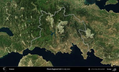 Focis Bölgesel Birimi. Yunanistan 'ın idari alanı, Temmuz 2022' de çekilen Global Mozaik Sentinel-2 karolarından oluşan bir uydu görüntüsüyle özetlendi