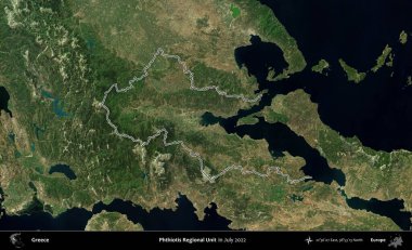 Phthiotis Bölgesel Birimi. Yunanistan 'ın idari alanı, Temmuz 2022' de çekilen Global Mozaik Sentinel-2 karolarından oluşan bir uydu görüntüsüyle özetlendi