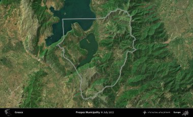 Prespes Belediyesi. Yunanistan 'ın idari alanı, Temmuz 2022' de çekilen Global Mozaik Sentinel-2 karolarından oluşan bir uydu görüntüsüyle özetlendi