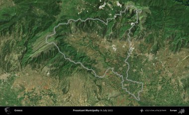 Prosotsani Belediyesi. Yunanistan 'ın idari alanı, Temmuz 2022' de çekilen Global Mozaik Sentinel-2 karolarından oluşan bir uydu görüntüsüyle özetlendi