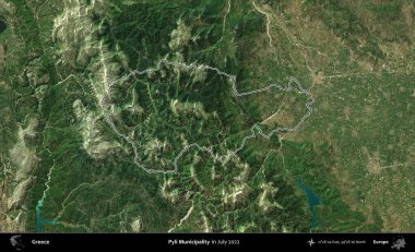 Pyli Belediyesi. Yunanistan 'ın idari alanı, Temmuz 2022' de çekilen Global Mozaik Sentinel-2 karolarından oluşan bir uydu görüntüsüyle özetlendi