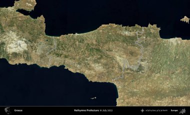 Rethymno Bölgesi. Yunanistan 'ın idari alanı, Temmuz 2022' de çekilen Global Mozaik Sentinel-2 karolarından oluşan bir uydu görüntüsüyle özetlendi