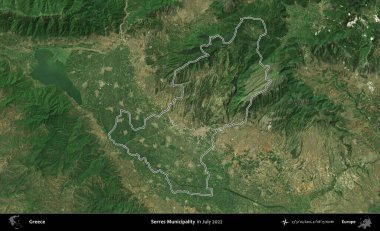 Serres Belediyesi. Yunanistan 'ın idari alanı, Temmuz 2022' de çekilen Global Mozaik Sentinel-2 karolarından oluşan bir uydu görüntüsüyle özetlendi