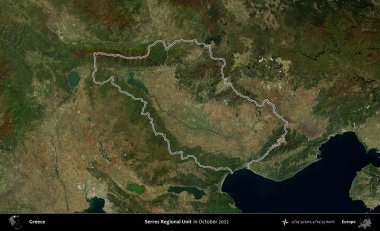 Bölgesel Serres Birimi. Yunanistan 'ın idari alanı, Ekim 2022' de çekilen Global Mozaik Sentinel-2 karolarından oluşan bir uydu görüntüsünde özetlendi