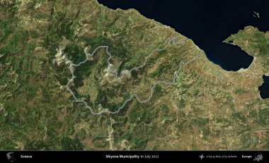 Sikyona Belediyesi. Yunanistan 'ın idari alanı, Temmuz 2022' de çekilen Global Mozaik Sentinel-2 karolarından oluşan bir uydu görüntüsüyle özetlendi
