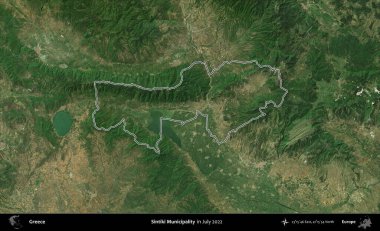 Sintiki Belediyesi. Yunanistan 'ın idari alanı, Temmuz 2022' de çekilen Global Mozaik Sentinel-2 karolarından oluşan bir uydu görüntüsüyle özetlendi