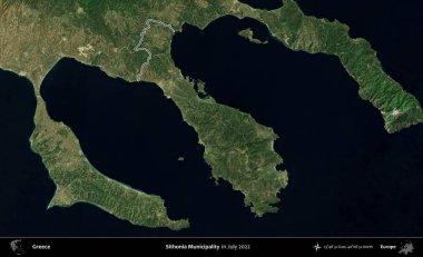 Sithonia Belediyesi. Yunanistan 'ın idari alanı, Temmuz 2022' de çekilen Global Mozaik Sentinel-2 karolarından oluşan bir uydu görüntüsüyle özetlendi