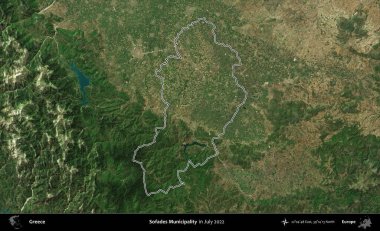 Sofades Belediyesi. Yunanistan 'ın idari alanı, Temmuz 2022' de çekilen Global Mozaik Sentinel-2 karolarından oluşan bir uydu görüntüsüyle özetlendi