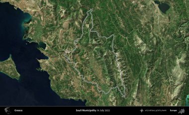 Souli Belediyesi. Yunanistan 'ın idari alanı, Temmuz 2022' de çekilen Global Mozaik Sentinel-2 karolarından oluşan bir uydu görüntüsüyle özetlendi