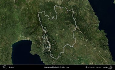 Sparta Belediyesi. Yunanistan 'ın idari alanı, Ekim 2022' de çekilen Global Mozaik Sentinel-2 karolarından oluşan bir uydu görüntüsünde özetlendi