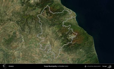 Tempi Belediyesi. Yunanistan 'ın idari alanı, Ekim 2022' de çekilen Global Mozaik Sentinel-2 karolarından oluşan bir uydu görüntüsünde özetlendi