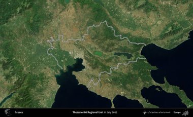 Selanik Bölgesel Birimi. Yunanistan 'ın idari alanı, Temmuz 2022' de çekilen Global Mozaik Sentinel-2 karolarından oluşan bir uydu görüntüsüyle özetlendi